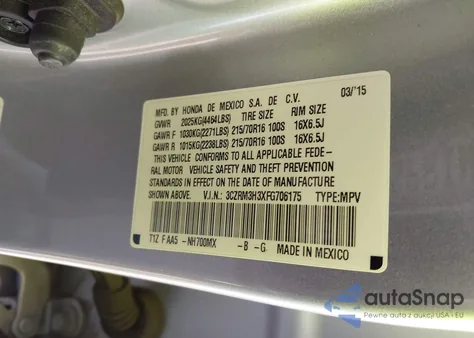 2015 Honda Cr-V Lx from USA, damaged, VIN 3CZRM3H3XFG706175